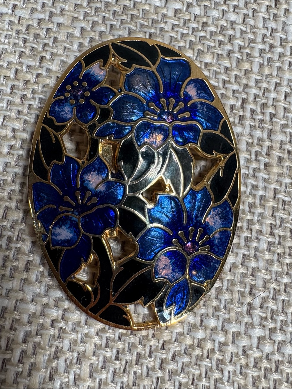 Gold Floral Enamel Blue Oval Brooch